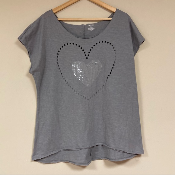 Jennifer Lopez Burnout Heart Sequin Shirt Womens XL Top Gray Relaxed Loose Flowy - Picture 1 of 7